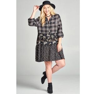 Plus Size Boho Black Plaid Floral Western Shirt Dress Swing Tunic